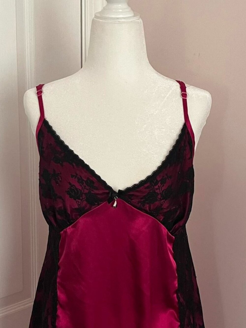 magenta/deep pinky red lingerie slip dress w black lace detailing